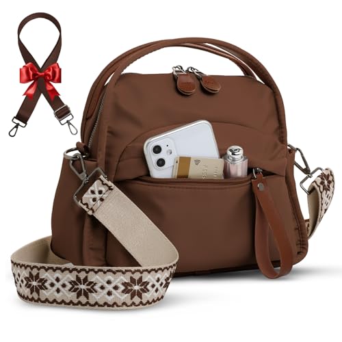 Nylon Crossbody Bags for Women Water-Resistant Lightweight Shoulder bag with Large Capacity & Organized Design Top Handle Bag with 2 Interchangeable Adjustable Shoulder Straps(Coffee)