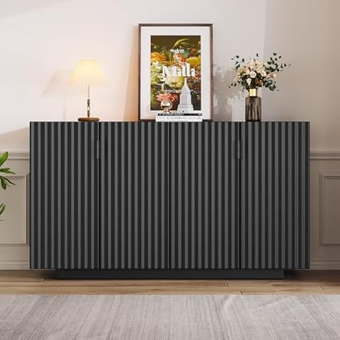 XD Designs Retro Acacia Wood Console Table Accent Entryway Table, 60'' Large Storage Cabinet Sideboard with 4 Wavy Doors and Adjustable Shelves for Entryway Kitchen Dining Room Living (Black-Wavy) Cover