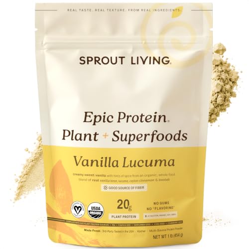 Image of Sprout Living Epic Protein, Plant Based Protein & Superfoods Powder, Vanilla Lucuma Powder | 20 Grams Organic Protein Powder, Vegan, Non Dairy, Non-GMO, Gluten Free, Low Sugar (1 Pound, 12 Servings)