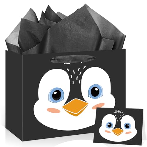 Black Penguin Gift Bags Decorations Penguin Birthday Party Favors Gift Bags with Wrapping Tissue Paper and Greeting Card for Boys Girls Kids Teens Birthday Baby Shower Winter Party Supplies Decor