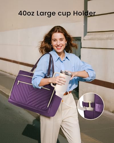Image of LOVEVOOK 17 Inch Laptop Tote Bag for Women, Work Bag for Teacher with Large Cup Holder,Quilted Nurse Diaper Bag for Travel, Computer Women's handbags for Teacher gift, Purple