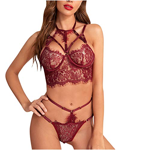 RENREN Damen Bodysuit Spitze BH und Höschen Set 2 Stück Bralette Dessous Set Strappy Babydoll Cover