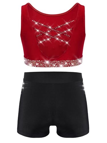 Kids Girls Gymnastics Dance Outfit Rhinestone Crop Vest Top Shorts Set Athletic Tracksuits for Yoga Burgundy Black 12 Years2