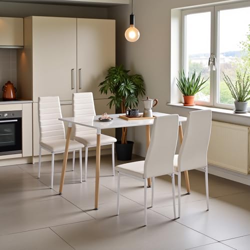 EGGREE モダンなダイニングチェア 4脚セット ハイバックとクッションシートを備えた合成皮革のキッチンチェア ダイニングルーム 会議室用の布張りの椅子 金属脚 組み立て簡単 ホワイト [2]