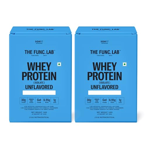 Image of The Func. Lab Whey Protein Isolate - Unflavoured Travel Packs | (4 * 35g Sachets) Pack of 2 | Grass‑Fed, 30g Protein per Scoop | High Protein Supplement with Digestive Enzymes for better Absorption