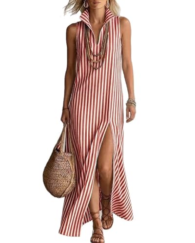 Stylish Classic Striped Stand-Collar Cotton-Linen Maxi Dress - Effortless Relaxed