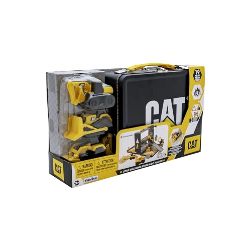 Image of CAT Construction Toys, Store N Go Playset - Tin Travel Case Transforms into Multi-Level Worksite, Includes 2 Little Machines Vehicles & 10 + Accessories, Portable STEM Toy for Kids Ages 3 +