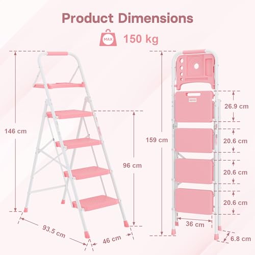 Image of BONTEC 4-Step Ladder, Folding Step Stool with Tool Platform, Wide Anti-Slip Pedals, Max Load Capacity 400lbs Sturdy Steel Ladder, Lightweight Portable Ladder, Tall Step Ladder for House Use, Pink