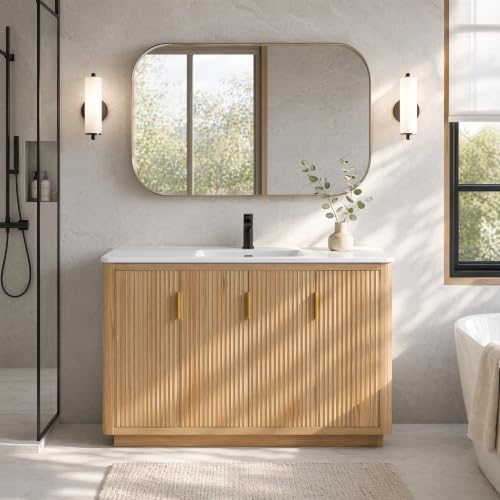 Image of 48 Inch Freestanding Bathroom Vanity with Ceramic Sink, Striped Vanity Cabinet with Four-Door Storage & Gold Pull Handles, Natural Wood