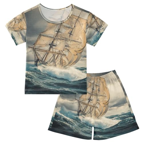 ALAZA Vintage Sailing Ship Pajama Set Short Sleeve Sleepwear Soft Lounge Nightwear