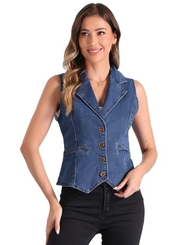 Allegra K Denim Waistcoat for Women's Sleeveless Jackets Button Closure Notched Lapel Vest