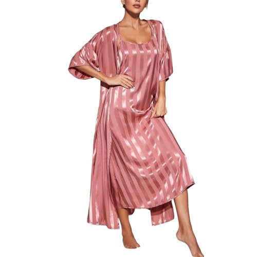 Generic Women's Nightgown Robe Set 2 Piece Striped Satin Long Nighties Bathrobe Soft Summer Sleepewar Silky Chemise Lingeries