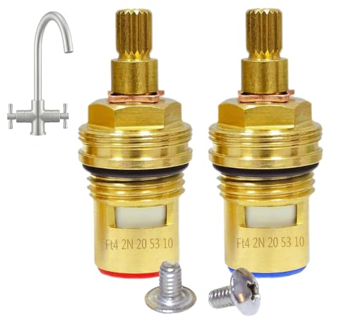 1/2 BSP Tap Cartridge Replacement Valves Brass Ceramic Disc Gland Insert 20 Teeth Spline Quarter Turn Hot & Cold Pair for UK Kitchen & Bathroom Basin Taps