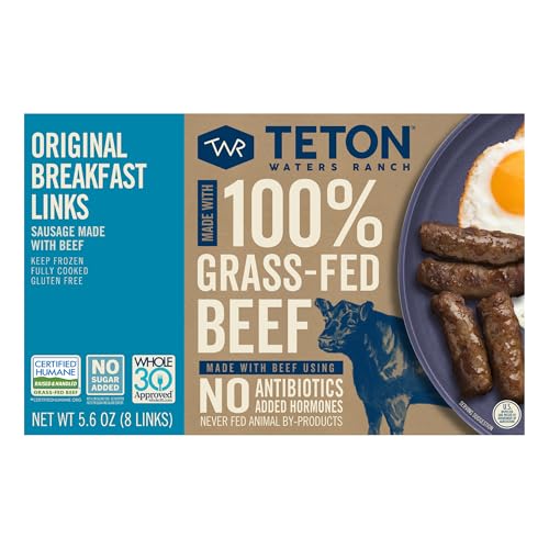Teton Waters Ranch Breakfast Sausage Links, 100% Grass-Fed Beef, Fully Cooked Breakfast Sausage, Frozen, No Sugar Added, No Nitrites or Nitrates Added, Gluten Free, Certified Humane - 5.6 oz
