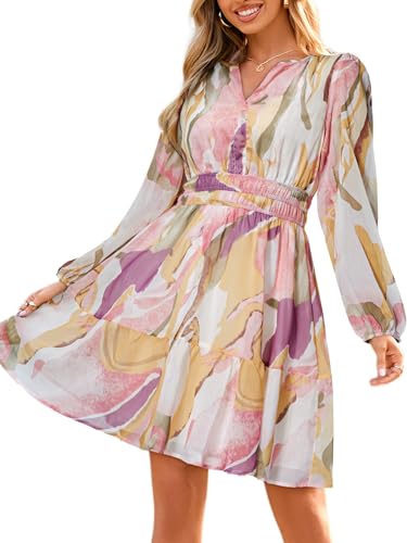 Image of Simplee Womens Spring Floral Mini Dress Long Sleeve Boho Chiffon Short Dress Casual Flowy Fall Wedding Guest Dresses
