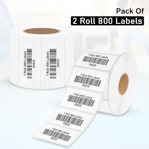 Image of GLUN 50x25mm Thermal Sticker Labels (2x1 Inch) - 400 Labels /Roll, Pack of 2 (800 Labels Total), Direct Thermal Barcode & MRP Label Roll for Small Thermal Printers, White