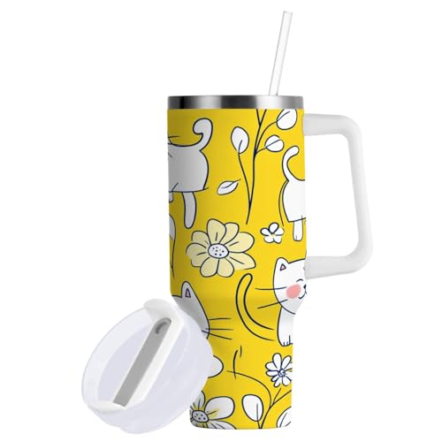GuoChe Vaso al vacío de 40 onzas con tapa a prueba de fugas y pajita, diseño de gatos, amarillo y blanco, floral, bonita botella de agua de boca ancha, taza de viaje con asa para agua, té helado, café