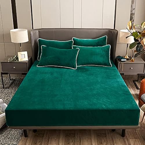 Damier Plüsch Spannbettlaken 140x200cm Grün Dunkelgrün Winter Spannbetttuch Flauschig und Weich hochwertiges Flanell Bettlaken, geeignet für Matratzen bis 25 cm
