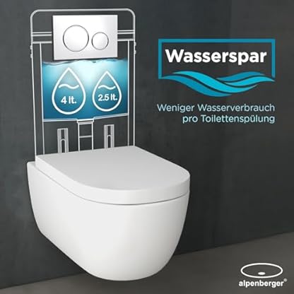 Alpenberger Hänge WC Spülrandlos | Toilette mit Nano | Tiefspüler Wand WC | Duroplast Toilettendeckel mit Absenkautomatik - UNI Sitz | Keramik Kloschüssel für Bad & Gäste WC | Passend Geberit – Bild 5