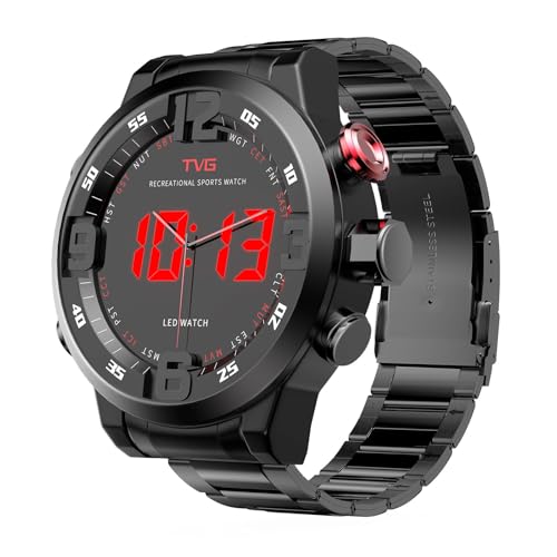 DEFNDR Men's Stainless Steel Watch, Fashion Business Design, Big Face Black Dual Movement, 3ATM Waterproof, with Date, Day, Alarm, LED Display