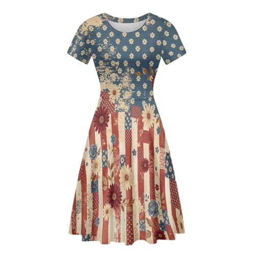 Image of HUGS IDEA Womens Puffy Swing Midi Dress Round Neck Short Sleeve Party A-Line Dresses