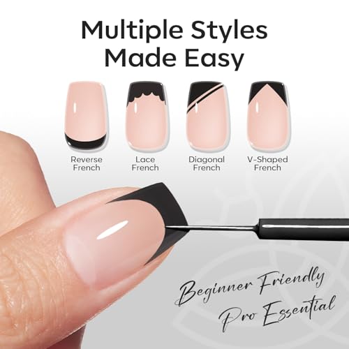 Image of modelones Black French Tip Liner Gel Polish 15ml Built-in Fine Brush | Classic All Black Nail Art Gel Paint Swirl Fine Line Design Easy Draw Long Lasting Soak Off U V Cure DIY Home Salon Manicure