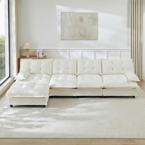 Image of 138 inch L-Shaped Sectional Couches for Living Room, Beige 4 Seater Modern Chenille Deep Seat Sofa Set, Salas para Casa, High Back Cloud Couch Modular Sectional Sets with Ottoman
