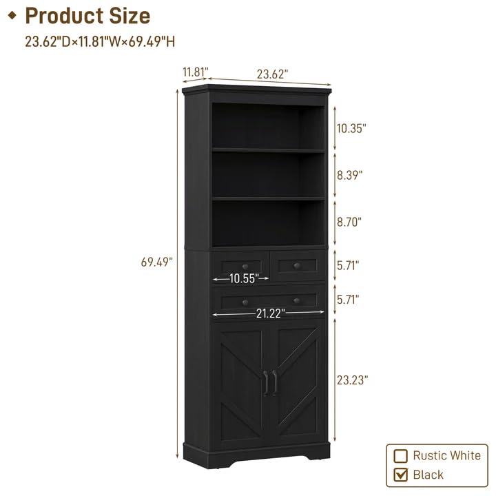 Image of Vabches 70 inch Tall Bathroom Storage Cabinet, Farmhouse Bathroom Cabinet with 3 Drawers, Adjustable Shelves & Doors, 3 Tier Wood Cabinets for Bathroom, Living Room, Rustic Black