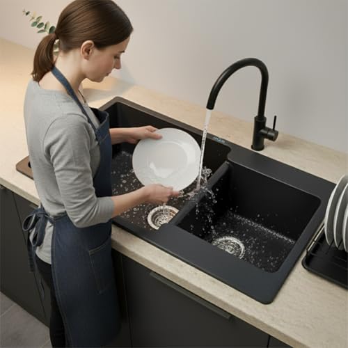 Image of ARQUIN Double Bowl Quartz Kitchen Sink 34x20x9 Inch Black | Durable & Scratch-Resistant Sink | Undermount,Topmount | Including Coupling,Sink Connector,Waste Pipe & Fruit Washing Basket