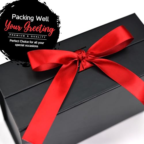 Image of RBS - Black Gift Boxes for Packaging (Empty) 23 x 16 x 10cm Holds Upto 5kg, Multipurpose Valentine Gift Boxes for All Occasions (1 Pack) Cardboard Boxes Empty Gift Box for Presents (Red Ribbon)