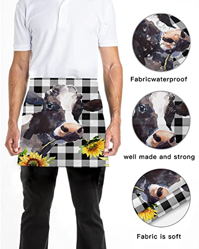 Risqiten Farm Cow Waitress Apron For Women/Men With 3 Pockets, Farmhouse Sunflower Black Amd White Plaid Server Aprons Waterproof Kitchen Cooking Half Waist Apron #TOP4
