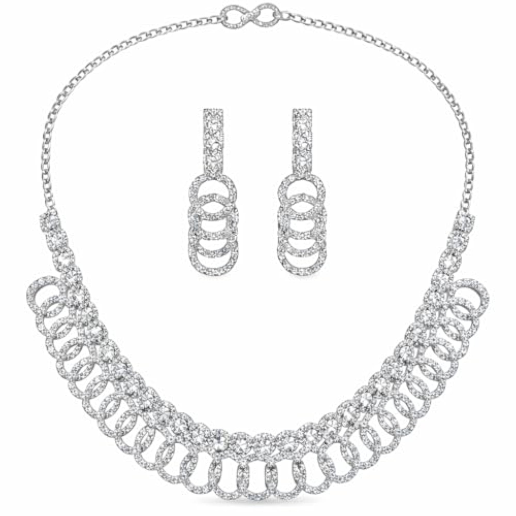 American Diamond Necklace Set with Earrings, Silver Tone