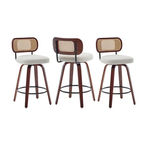 Image of Swivel Counter Height Bar Stools Set of 3, 26 inch Bar Chairs with Curved Rattan Back, Linen Upholstered Seat, Walnut Craftsmanship, Mid Century Modern Counter Stools for Kitchen Counter, Beige