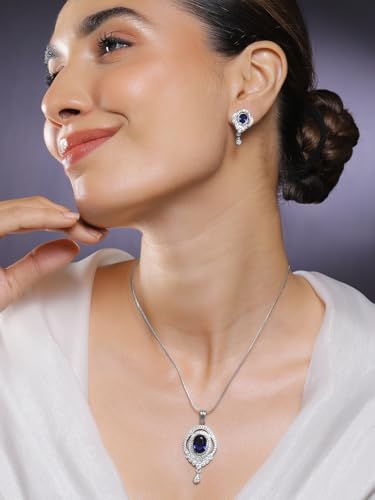 Image of Rubans Pendant Necklace Set American Diamond and Zirconia Gift Jewellery for Women & Girls