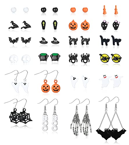 LOLIAS 24 pares brincos brincos Halloween Set Bat Cat Spider Pumpkin Witch Earrings for Women Spider Web Pumpkin Boo Ghost Skull Drop Earrings Halloween Jewellery, Metal