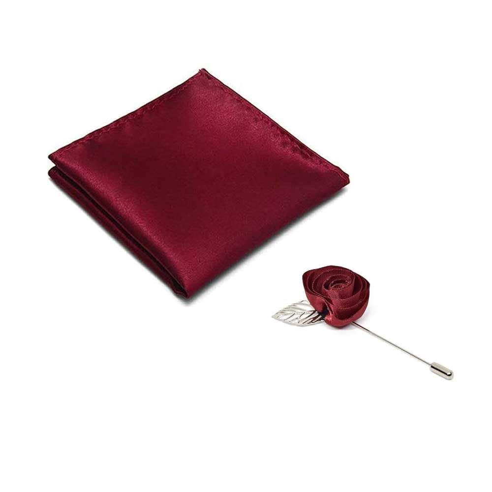 Style Along Maroon Premium Mens Solid Micro Fiber Silk Satin Pocket Square And Handmade Polyester Maroon Leaf Flower Lapel Men Brooch-image-0