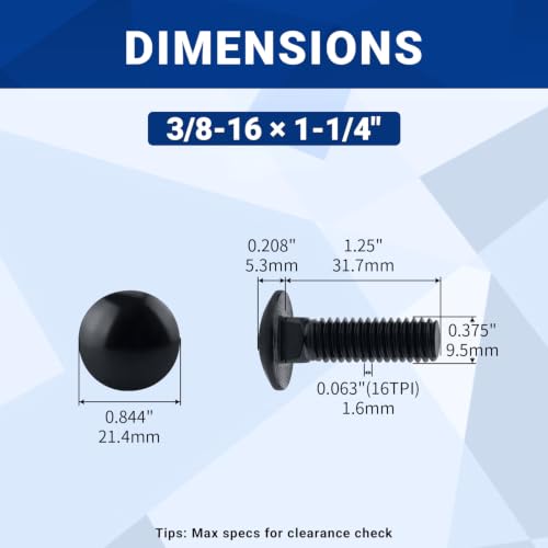 Image of 3 /8-16 x 1-1 /4 inch Black Carriage Bolts with Nuts and Washers Kits (10 Sets), 304 Stainless Steel 18 /8, Black Finish, Round Head, Square Neck, Heavy Duty Bolts, Indoor Outdoor Fastening Bolts, Fayeploo
