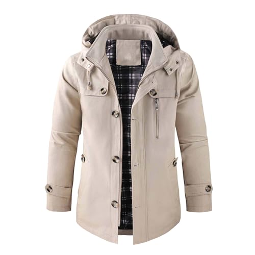 Slxbear Chaqueta táctica con capucha para hombre, casual, de longitud media, ajuste delgado, con capucha desmontable, con cremallera, botón, abrigo a cuadros, talla M-5XL, #01 Beige, L