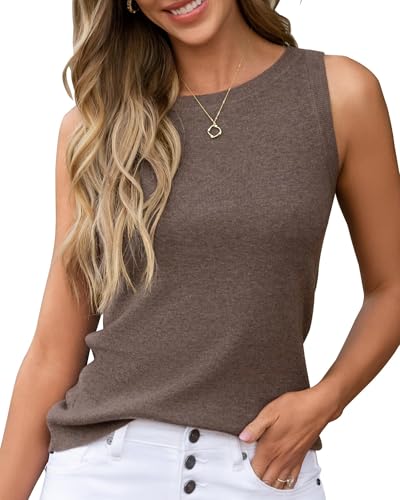 Image of Arach&Cloz 2025 Womens Wool Blend Tank Tops Summer Fall Sleeveless Vest Crew Neck Soft Sweater Cute Fashion Dressy Business Casual Outfits Knit Trendy Work Teacher Clothes Coffee L