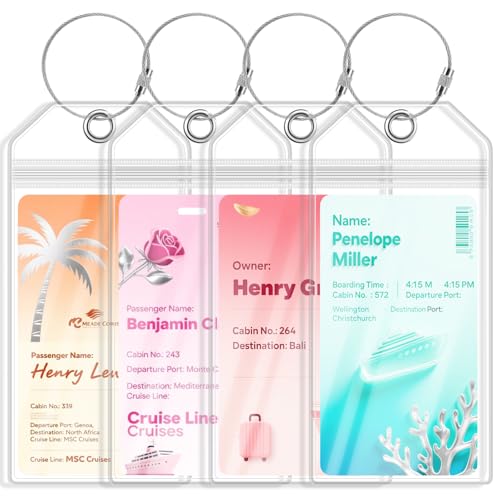 4 Pezzi Etichette per Valigie da Crociera, Etichetta Valigia Bagaglio per Aereo, Viaggio, MSC, Costa, NCL - Targhette Valigia Impermeabili in PVC, Trasparenti e Durevoli con Bande Metalliche