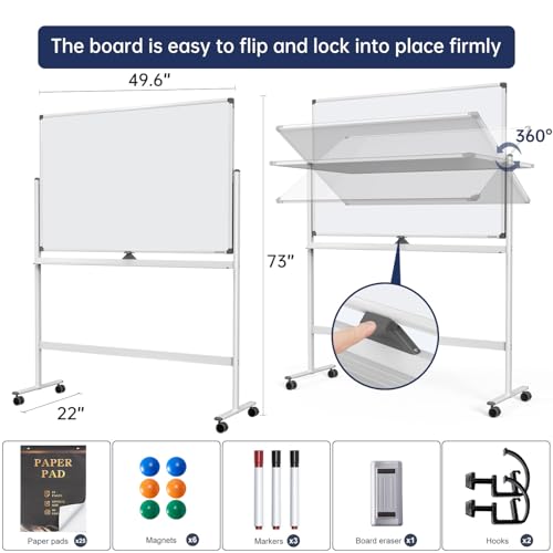 Image of Large Dry-Erase Rolling Magnetic Whiteboard - 48 x 32 Inches Dry Erase Board with Stand Height Adjust Double Sides Mobile White Board Easel on Wheels with 25 Sheets Paper Pad Office, Home & Classroom