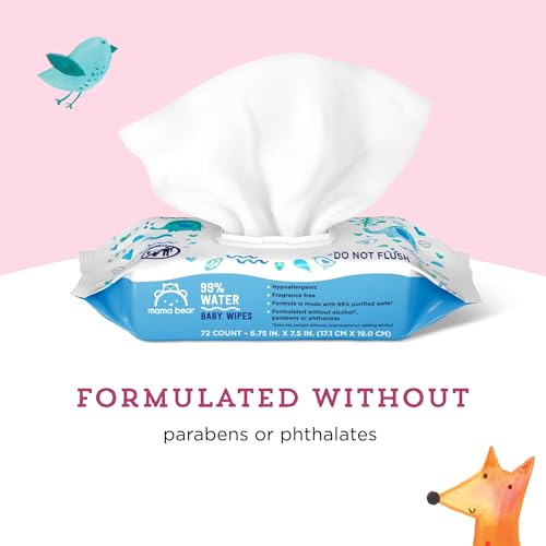 Image of Amazon Brand - Mama Bear 99% Water Baby Wipes, Hypoallergenic, Fragrance Free,720 Count Total (10 Packs of 72 Wipes Each)