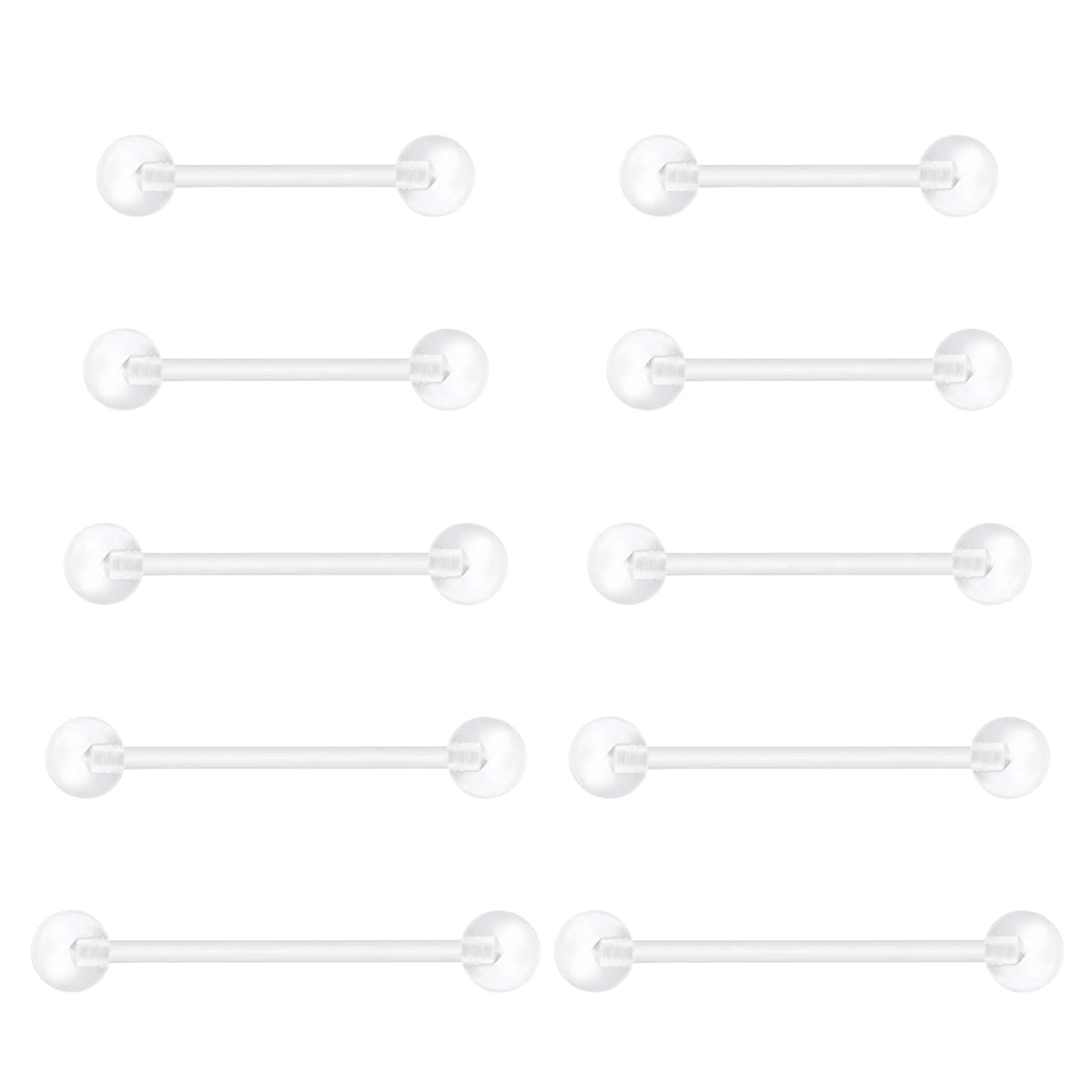 10 Piercings Langue Plastique Transparents 14G - Barre Droite 14mm, Acrylique Souple - Pour Voyage, IRM, Fêtes