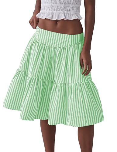 Wanzetaly Women's Casual Striped Skirts Cotton Midi Skirt A Line Elastic Back Waist Ruffle Skirt