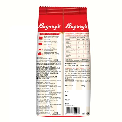 Image of Bagrry's White Oats 1.5kg | Instant Breakfast Cereal | Premium Whole Grain | High Fibre & Protein | Non-GMO & No Added Preservatives | Supports Weight Management & Heart Health | Healthy & Natural | Instant Oats