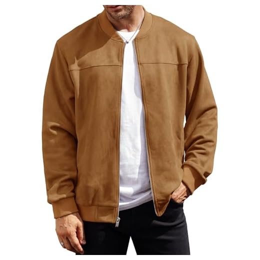 VOGSTART Jaqueta bomber masculina de camurça sintética, peso médio, casual, com zíper (P-2GG), Camelo, G
