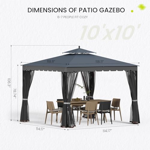 [Upgraded] 10x10 Gazebo with Mosquito Netting,Sturdy Metal Outdoor Patio Gazebo[Heavy Duty Frame],Gazebos Canopy Tent with Dual Air Roof,Patio Canopy Gazebos,Wind Resistant/Waterproof for Deck - Thumbnail 4