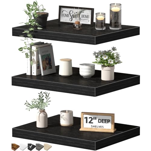 Image of QEEIG 12 inch Deep Floating Shelves for Wall - 12 x 16 inch Book Shelf Bathroom Bedroom Kitchen Living Room Hanging Bookshelf Farmhouse Set of 3, Black (026-40B3)