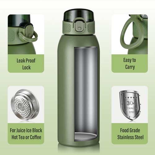 Image of Insulated Water Bottle 24 oz with Dustproof Lid, Carry Handle & Tea Infuser, BPA-Free & Leakproof, Stainless Steel Water Bottles Ideal for Fitness, Hiking, Office & Outdoor Use（Olive Green）