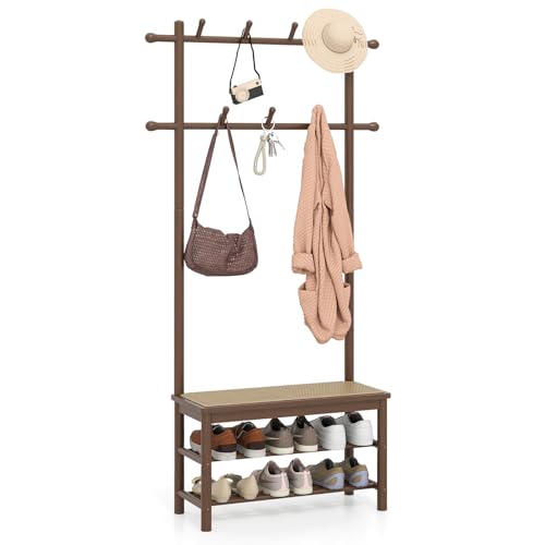 COSTWAY Garderobenständer mit Schuhbank, Schuhregal, 2 Aufhängestangen & 13 Haken, 3-in-1 Kleiderständer Bambus PE-Rattan Sitzbank für Diele, Eingangsbereich 71 x 30 x 169,5 cm (Braun)